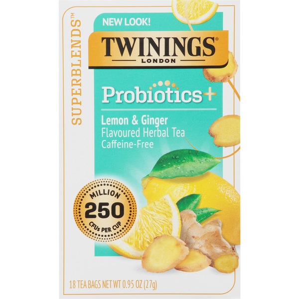 Twinings Superblends Probiotics+ Lemon & Ginger Flavoured Herbal Tea, Caffeine-Free, 18 ct, 0.95 oz