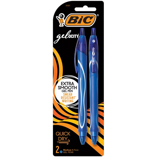 BIC Gel-ocity Quick Dry Gel Pen, Medium Point (0.7mm) Blue, 2 ct