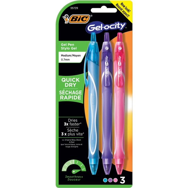 BIC Gel-ocity Quick Dry Fashion Gel Pen, Medium Point (0.7mm), Assorted, Pack of 3