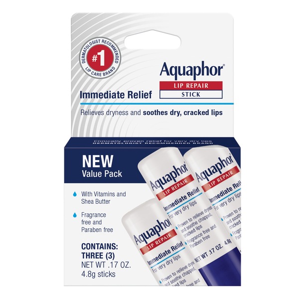 Aquaphor Lip Repair Stick, Soothes Dry Chapped Lips, 3 Pack of .17 OZ Sticks, .51 OZ