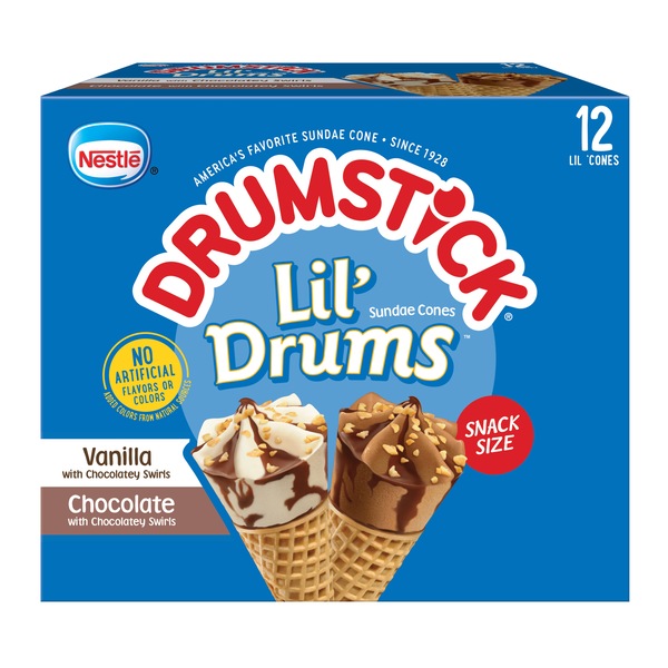 Drumstick Lil' Drums Vanilla and Chocolate with Chocolatey Swirls Sundae Cones, 12 Count