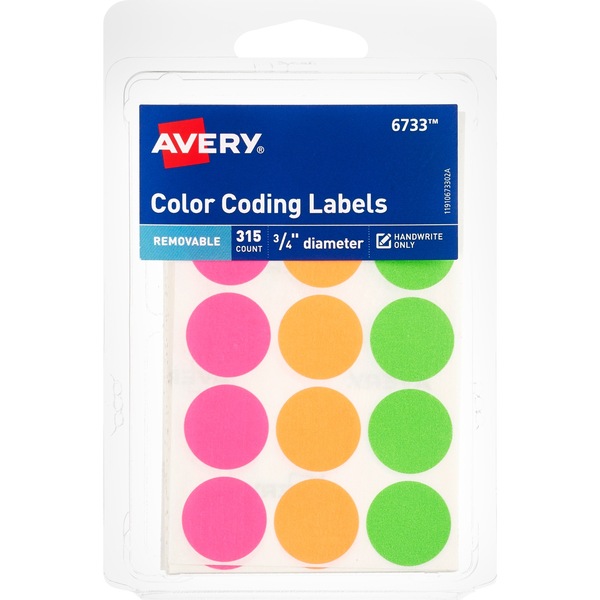 Avery Round Neon Removeable Color Coding Labels, 3/4"Diameter