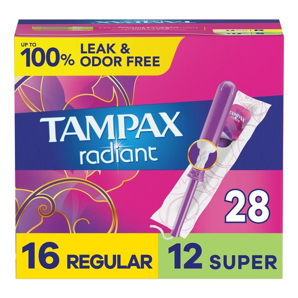 Tampax Radiant Plastic Tampons Duopack Regular/Super Absorbency, Unscented, 32CT