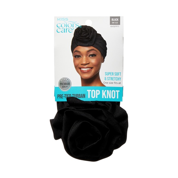 KISS Colors & Care - Turbante preamarrado con nudo arriba, negro