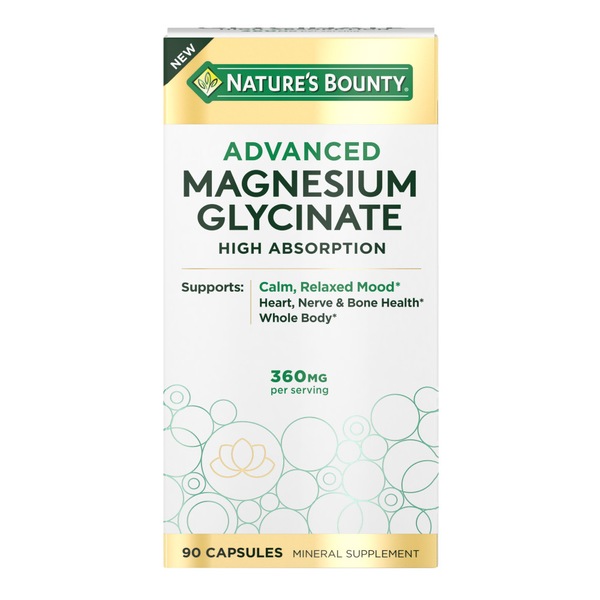 Nature's Bounty Advanced Magnesium Glycinate, 360mg, Muscle & Bone Support, 90 Capsules
