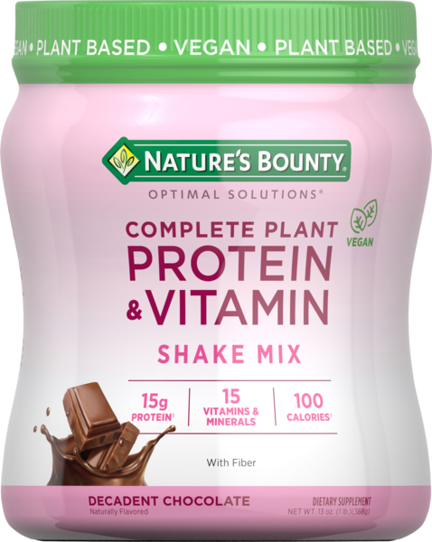 Nature's Bounty Optimal Solutions Complete Plant Protein & Vitamin - Polvo para preparar batido, Decadent Chocolate, 13 oz