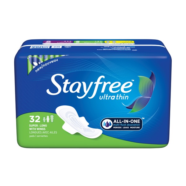 Stayfree - Toallitas femeninas largas ultradelgadas con alas, Super, 32 u.