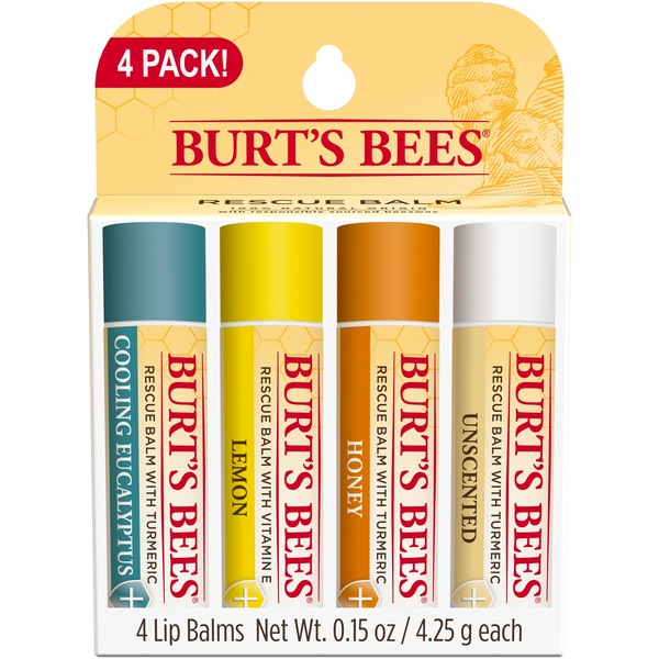 Burt's Bees 100% Natural Origin Rescue Lip Balm, Unscented, 4 CT