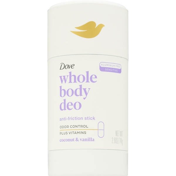 Dove Whole Body Deodorant Anti-Friction Stick, Coconut & Vanilla, 2.5 OZ