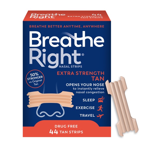 Breathe Right Extra Strength Nasal Congestion Strips, Tan, 44 CT