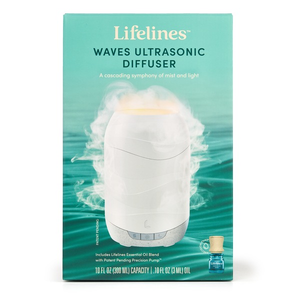 Lifelines "Waves" Ultrasonic Diffuser (200ml) - Cascading Mist and Light plus Essential Oil Blend