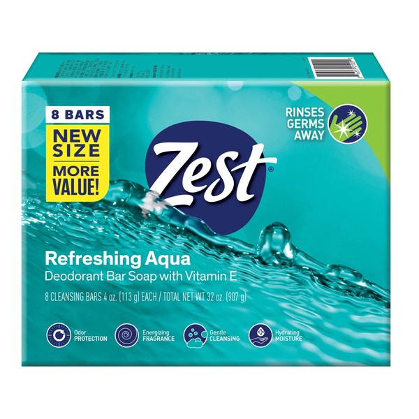 Zest Deodorant Bar Soap, Refreshing Aqua, 8 CT