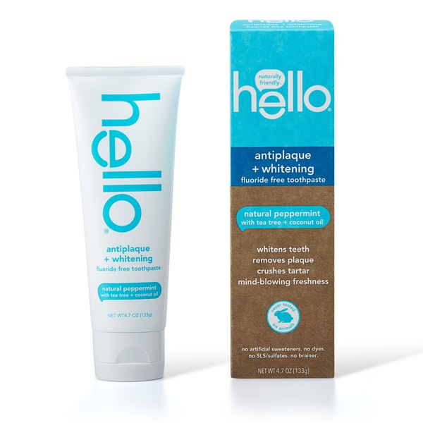 hello Antiplaque and Whitening Fluoride-Free Toothpaste, Natural Peppermint with Tea Tree and Coconut Oil