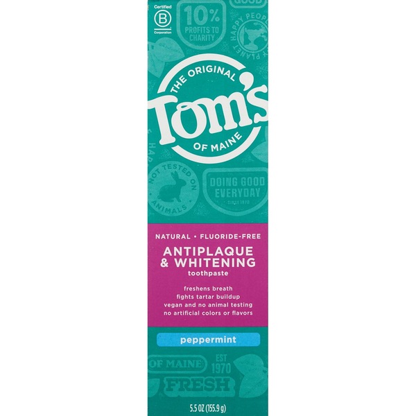 Tom's Of Maine Antiplaque and Whitening Fluoride-Free Natural Toothpaste, Peppermint, 5.5 OZ