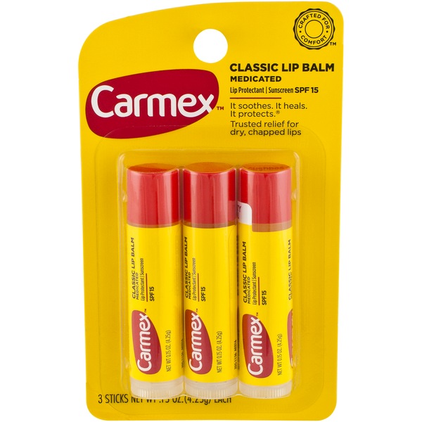 Carmex Classic Medicated Lip Balm, 3 0.15 OZ Sticks