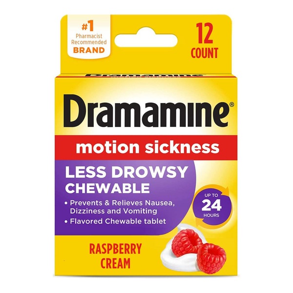 Dramamine, All Day Motion Sickness Relief Chewable Tablets, Raspberry Cream, 12 CT
