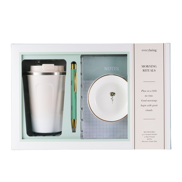 Everybeing Morning Rituals AM Gift Set (Includes 13 oz Insulated Tumbler, 50 Page Notepad, Ink Pen, and Decorative Trinket Dish)