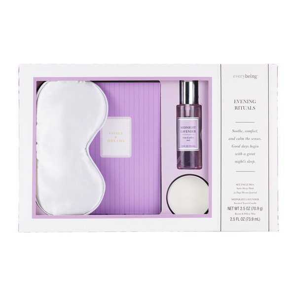 Everybeing Evening Rituals PM Gift Set (Includes Satin Sleep Mask, 50 Page Dream Journal, Midnight Lavender Scented Travel Candle and Room & Pillow Mist, 2.5 oz