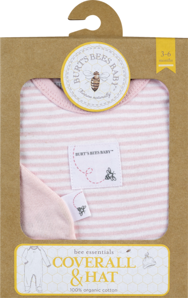 Burt's Bees Striped Coverall & Solid Hat, Blossom Pink, 3-6 Months