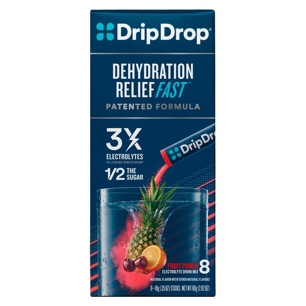 Drip Drop Dehydration Relief Fast Electrolyte Powder, Fruit Punch, 8 CT