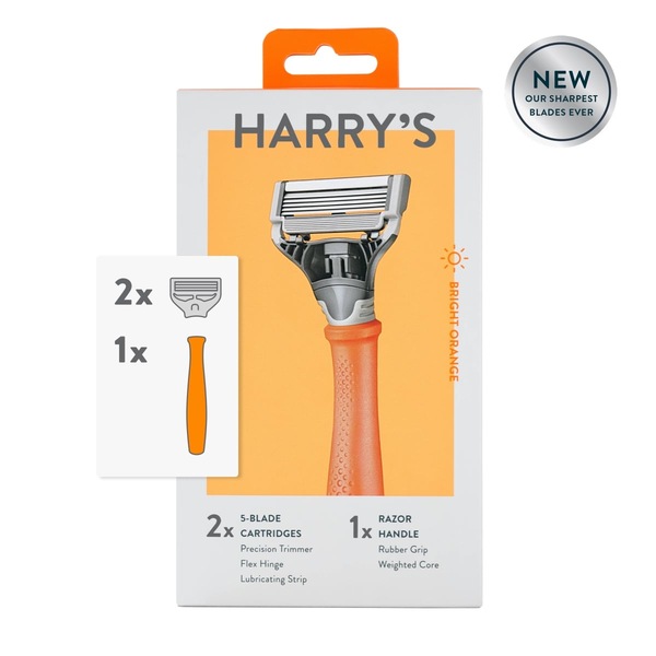 Harry's - Rasuradora de 5 hojas para hombres, 1 mango de rasuradora + 2 hojas de repuesto, naranja brillante