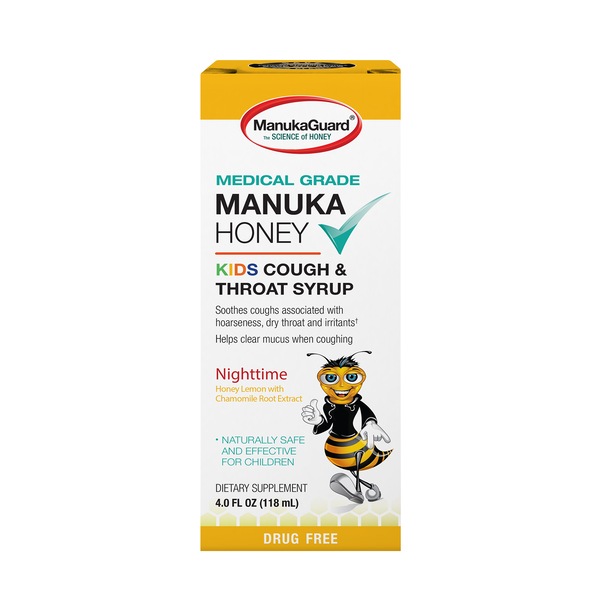ManukaGuard Kids Cough & Throat Syrup, Nighttime, Honey Lemon with Chamomile Root Extract, 4 OZ