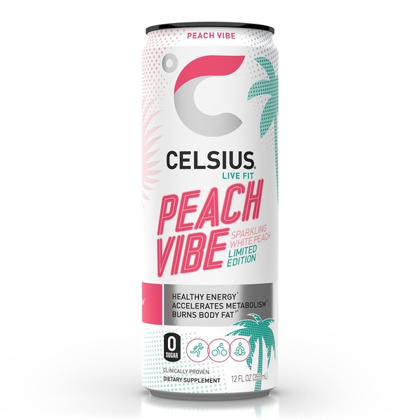 Celsius, Sparkling Peach Vibe Fitness Drink, Zero Sugar, 12 Oz