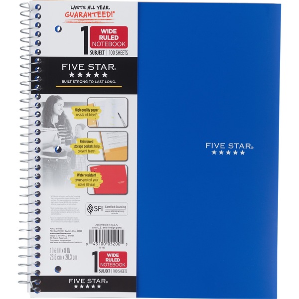 Mead Five Star 1 Subject Notebook College Wide Ruled