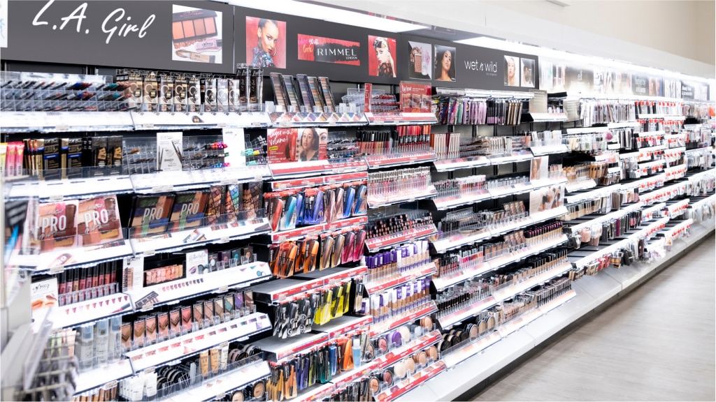 Cosmetics aisle in a CVS store.