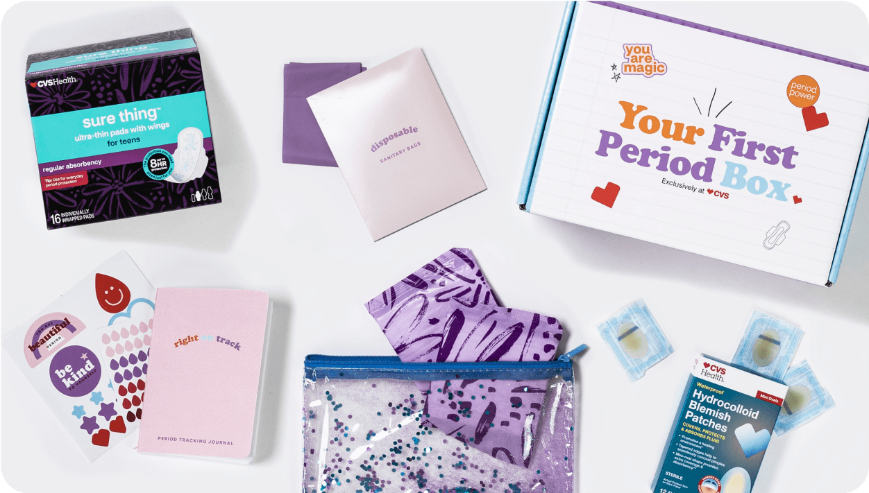 First period box and some content including stickers, period products, information, calendar and more.
