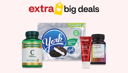 Four products, including a bottle of Garnier Fructis Sleek and Shine shampoo, a bag of York peppermint patties and a tube of Colgate Optic White toothpase.