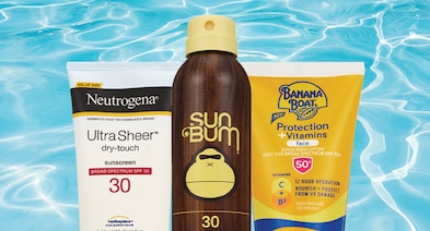 Neutrogena, Sun Bum and Banana Boat sunscreen bottles.
