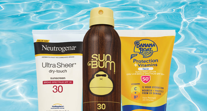 Neutrogena, Sun Bum and Banana Boat sunscreen bottles.