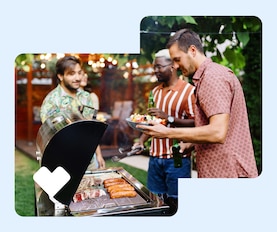 Friends get food from a grill during a backyard barbecue.