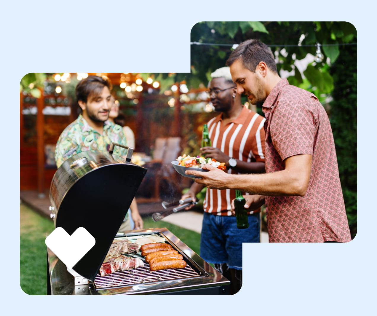 Friends get food from a grill during a backyard barbecue.