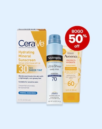 BOGO 50% off. Cerave mineral sunscreen stick, Neutrogena Ultra Sheer spray-on sunscreen and Aveeno Protect plus Hydrate sunscreen lotion.
