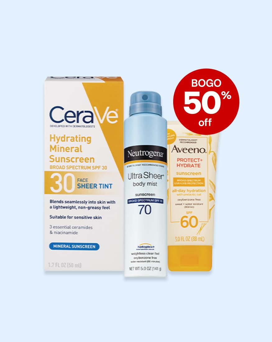 BOGO 50% off. Cerave mineral sunscreen stick, Neutrogena Ultra Sheer spray-on sunscreen and Aveeno Protect plus Hydrate sunscreen lotion.