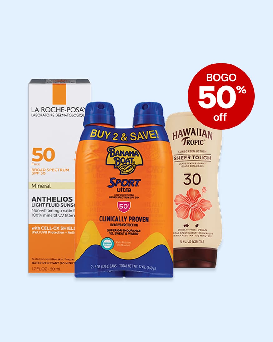 Buy one, get one 50 percent off: La Roche-Posay mineral sunscreen lotion, Banana Boat spray-on sunscreen and Hawaiian Tropic sunscreen lotion.