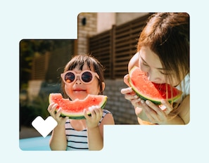 A parent and their child eat watermelon slices.