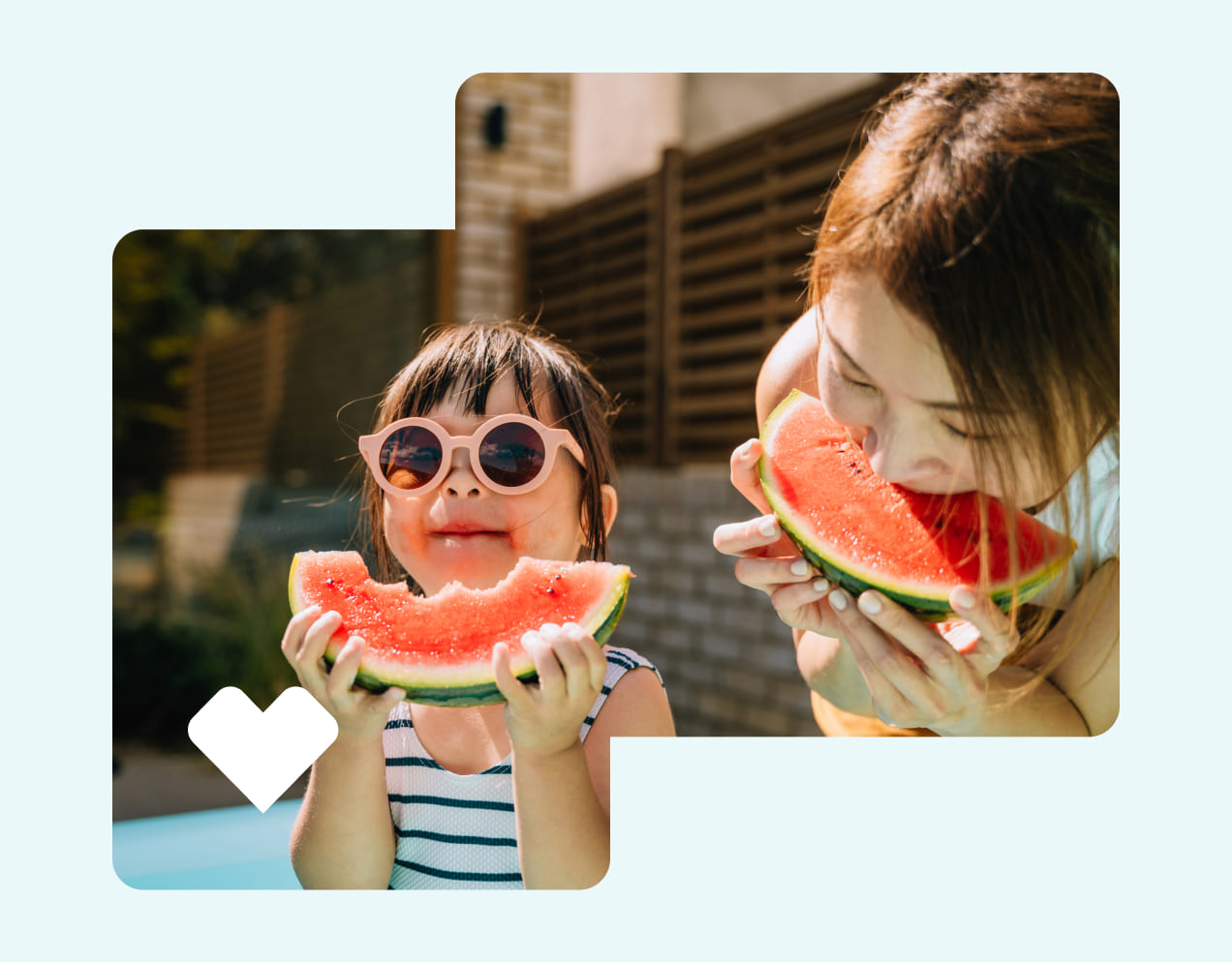 A parent and their child eat watermelon slices.