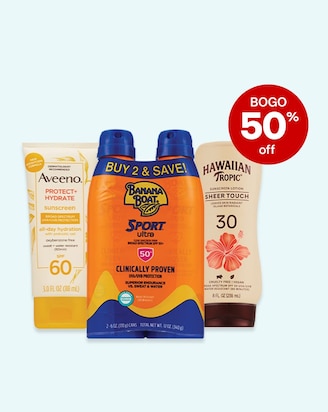 Buy 1, get 1 50% off on select sun care. Bottles of Aveeno, Banana Boat and Hawaiian Tropic sunscreen.