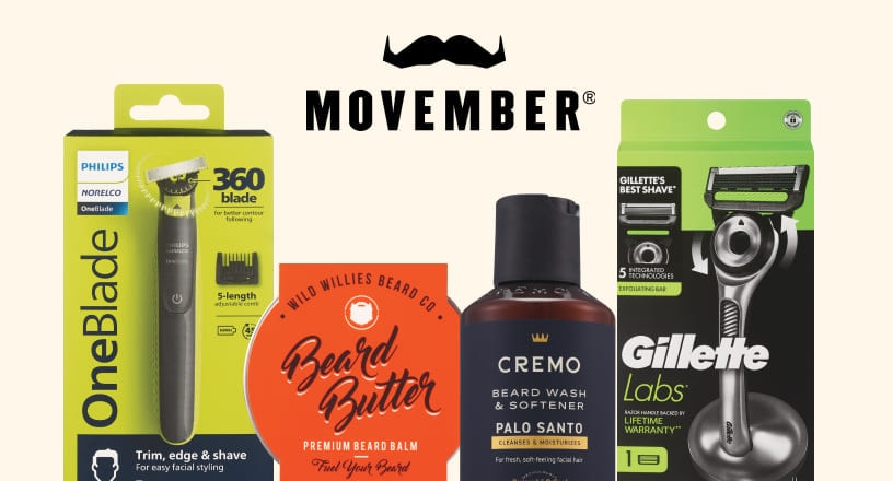 The Movember logo above shaving products, like the Philips One Blade electric razor, Wild Willies Beard Company beard butter and Cremo beard wash and softener.