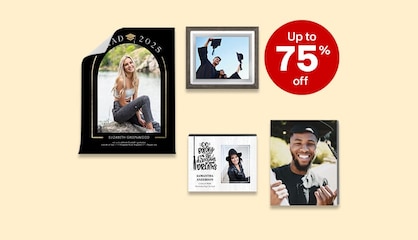 Four graduation photo gifts showing recent graduates, including a repositionable poster, a floating frame and a banner.