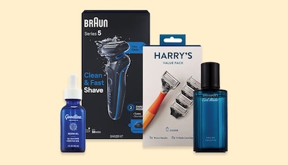 Four shaving gift ideas, including Goodline grooming oil, a Braun shaver kit and a Harry's razor value pack.