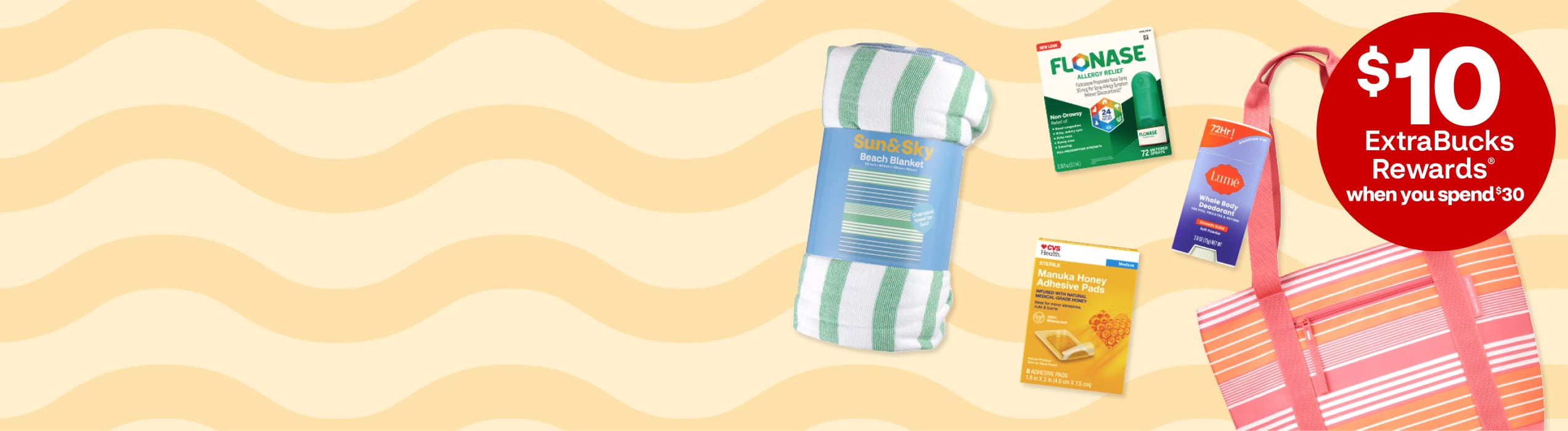 Five summer essentials, including a Sun and Sky beach blanket, Flonase allergy relief nasal spray and CVS Health manuka honey adhesive pads.