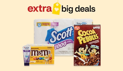 Four products, including Crest toothpaste, peanut M&M's and Scott toilet paper.