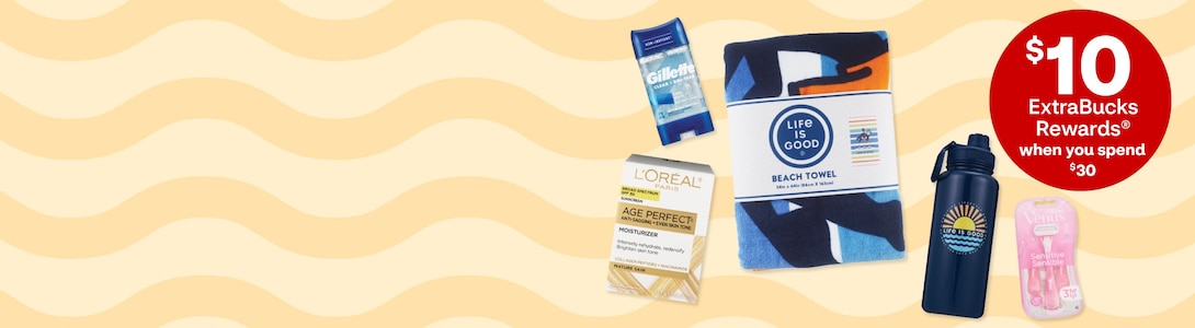 Five summer essentials, including Gillette deodorant, L'Oreal moisturizer and a Life Is Good beach towel.