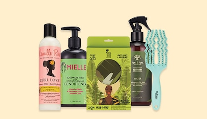 Five products, including Camille Love Curl Love moisture milk, Mielle leave-in conditioner and As I Am rosemary water spray.