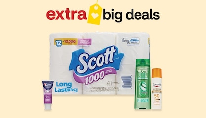Extra big deals on Scott bath tissue, hair care products and more.