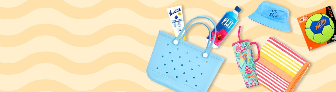 Assortment of items for the beach, including Vacation brand sunscreen, a hat and a beach towel, on top of an illustration of sand.